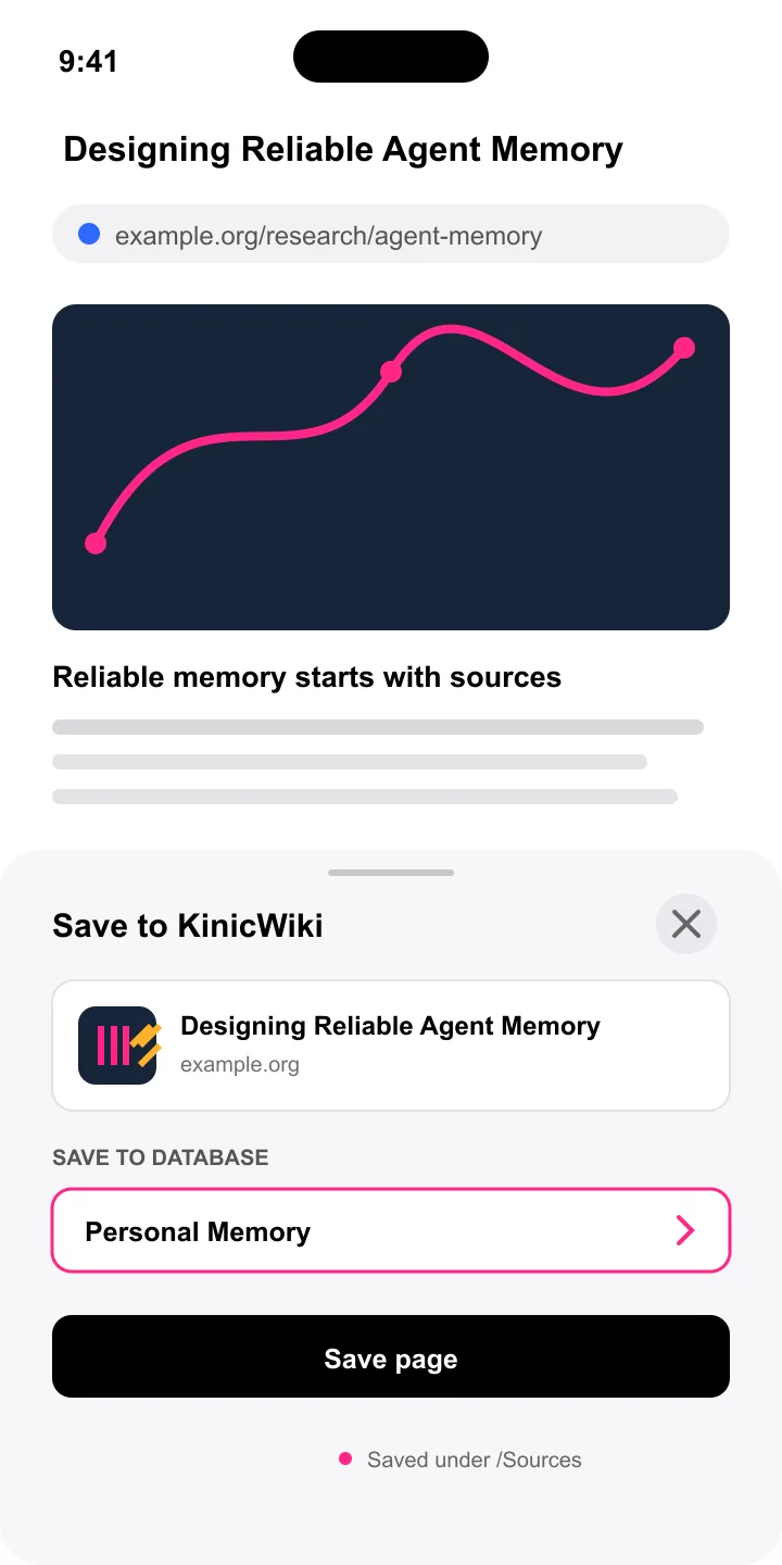 KinicWiki Share Extension choosing a database and saving a Safari page